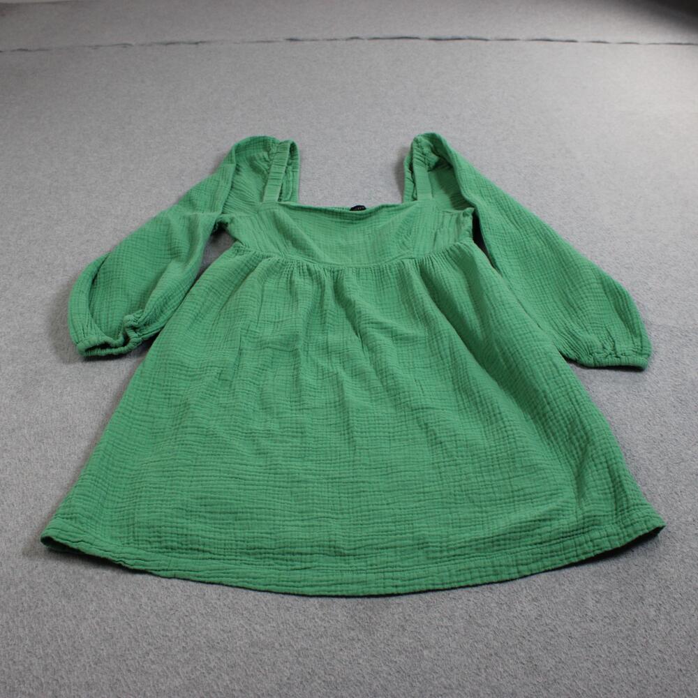 J Crew Dress Women XS Green Gauze Square Neck Puff Sleeve Boho Peasant Tunic
